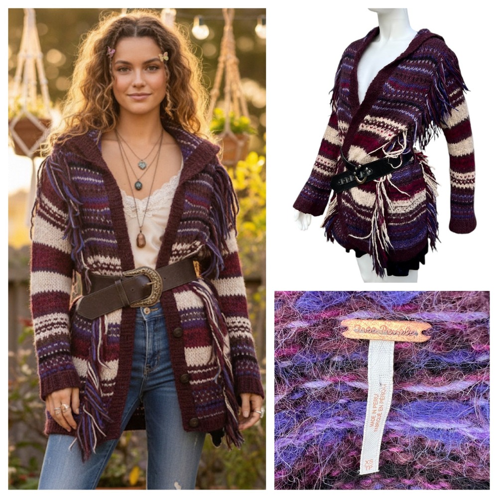 Free People Fringe Cardigan Alpaca Wool Chunky‎ Knit Hooded Boho Y2K Western M